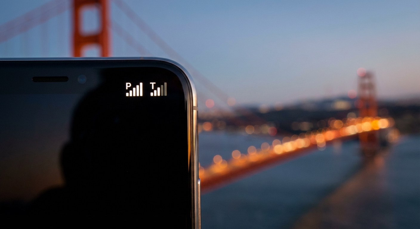 Signal icons of two active SIM cards on a smartphone against an American landscape background