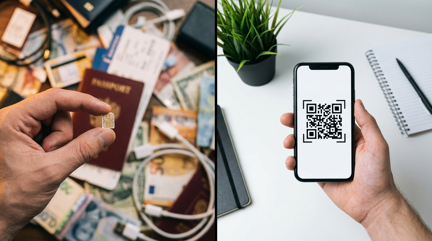 مقارنة بصرية بين بساطة رمز QR لـ eSIM وإزعاج بطاقة SIM فيزيائية صغيرة