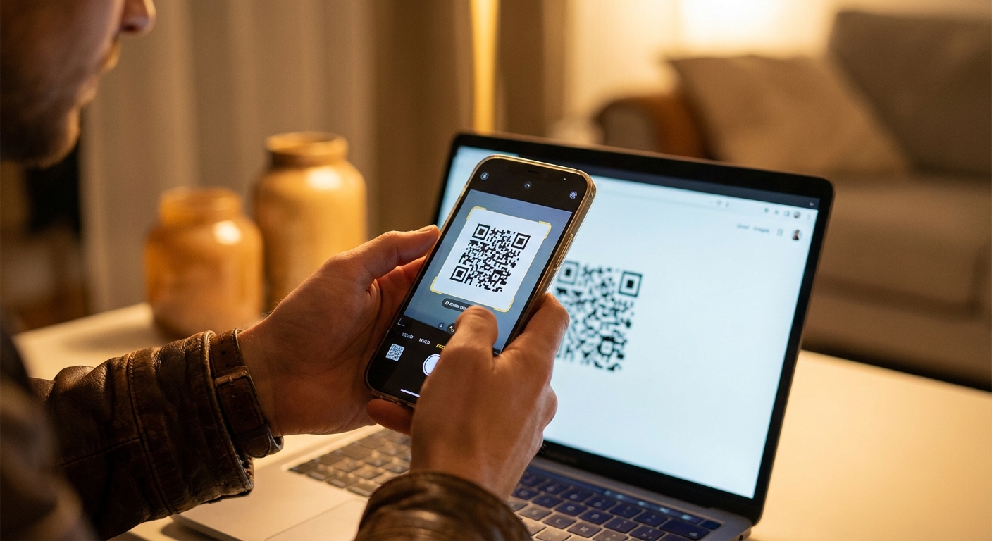 Close-up of a smartphone scanning a QR code to activate eSIM