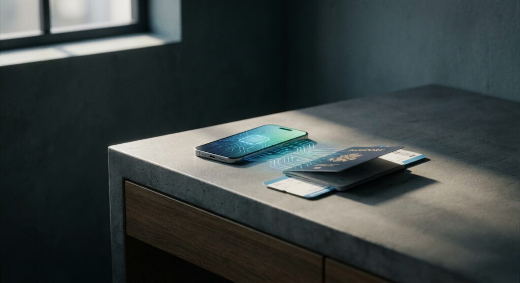 סמארטפון מודרני המציג את טכנולוגיית ה-eSIM המובנית בו, כהכנה לנסיעה לחו"ל.