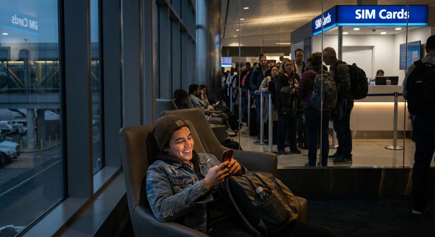 מטייל רגוע משתמש בטלפון שלו בשדה התעופה, בעוד אחרים ממתינים בתור לדוכן סים