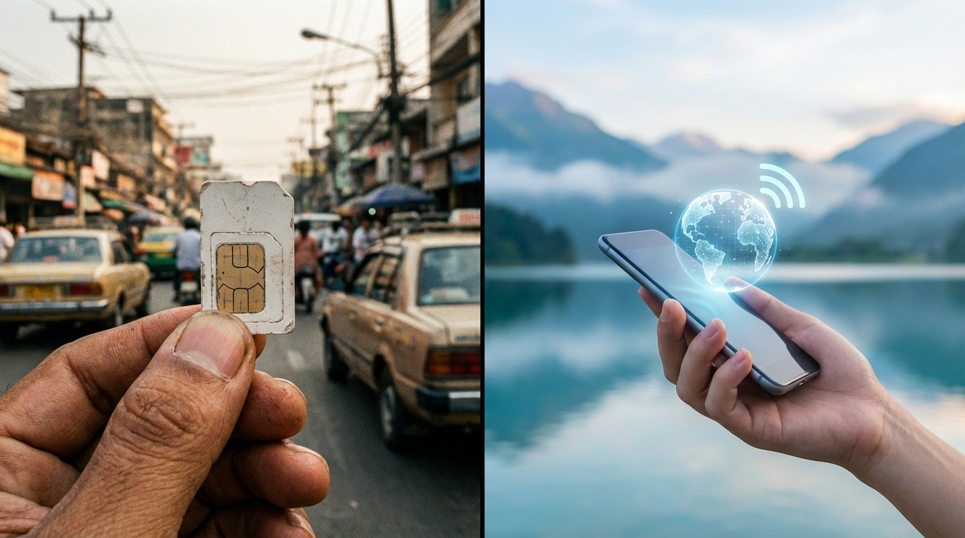 תמונת השוואה המציגה סים פיזי מיושן מצד אחד וסמארטפון עם אייקון eSIM דיגיטלי מהצד השני