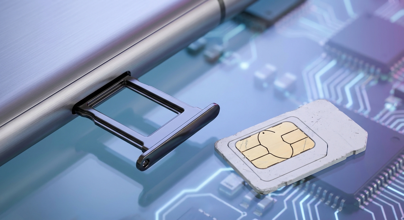 מגירת סים ריקה לצד כרטיס סים פיזי, הממחיש את המעבר לטכנולוגיה הדיגיטלית של eSIM.
