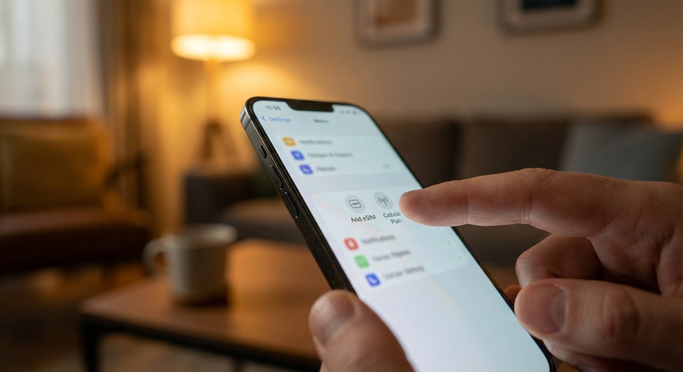 אדם בודק בהגדרות הסלולר של הטלפון שלו אם קיימת אפשרות להוספת eSIM.