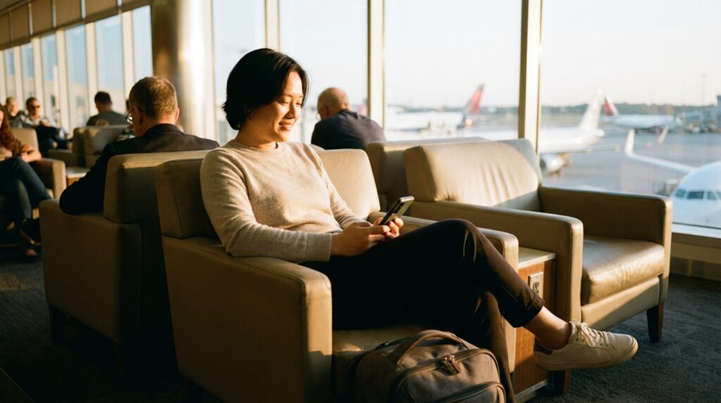 אדם בנמל תעופה מתקין eSIM בטלפון אנדרואיד לקראת טיסה