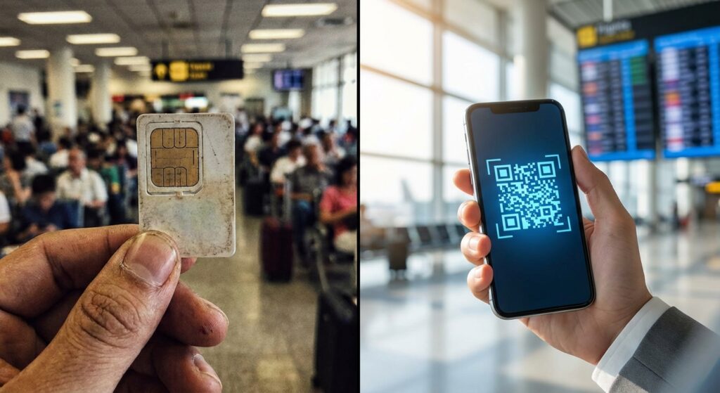 תמונת השוואה המציגה סים פיזי מיושן מול קוד QR של eSIM על גבי סמארטפון מודרני, עם רקע של שדה תעופה.