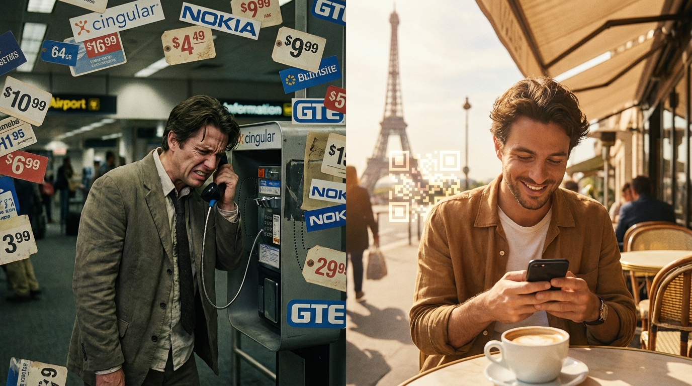 איור המשווה בין חבילת נדידה יקרה ומסורבלת לבין פתרון eSIM פשוט וזול של nRed עבור גלישה בחו"ל