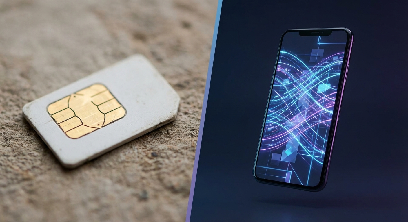 השוואה ויזואלית בין כרטיס סים מסורתי לטכנולוגיית eSIM מובנית