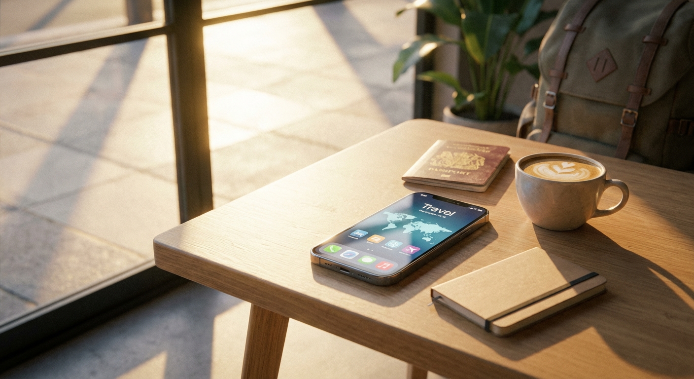 אישה מחזיקה סמארטפון עם רקע של שדה תעופה, המסמל את טכנולוגיית eSIM לנסיעות