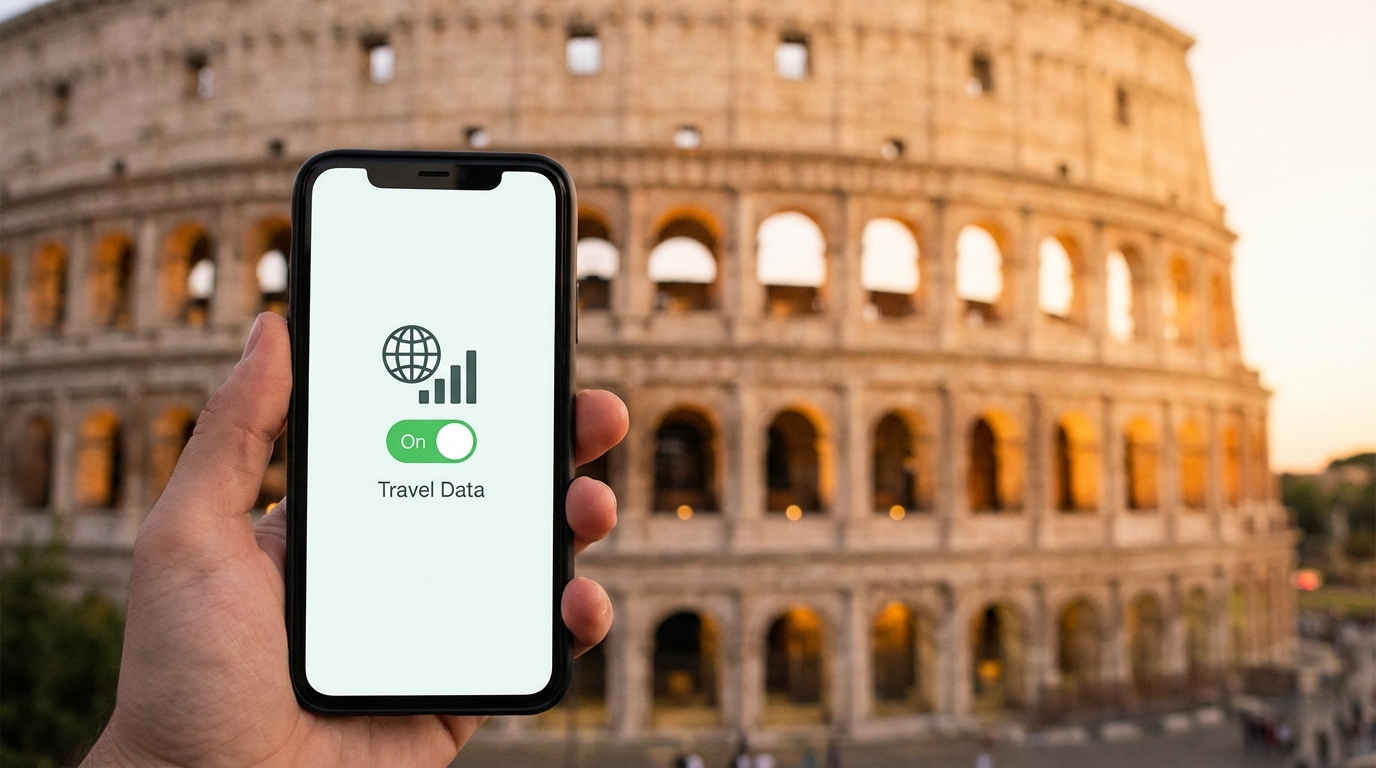 אדם מפעיל חבילת גלישה eSIM בסמארטפון שלו לקראת טיסה לחו