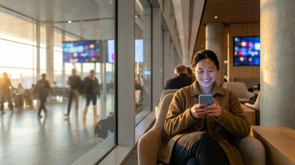 אישה משתמשת בסים וירטואלי בטלפון שלה בשדה תעופה