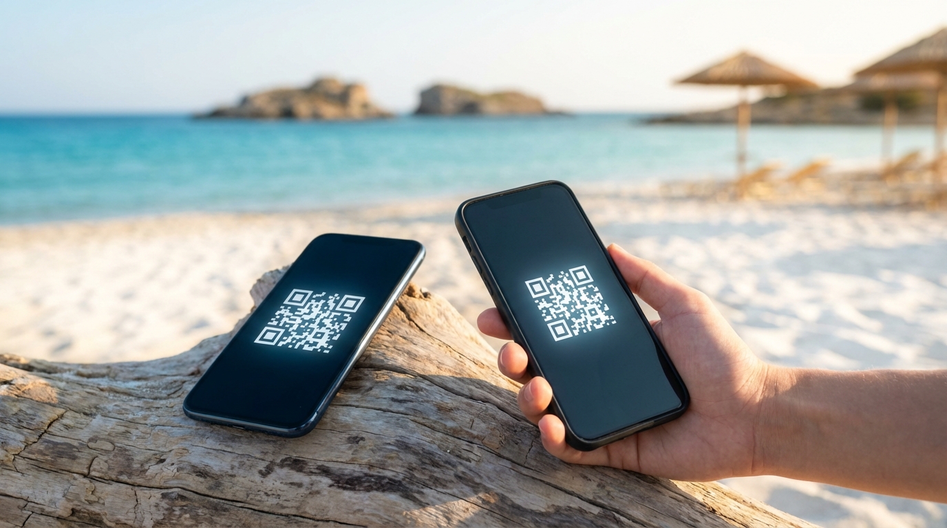 סמארטפון עם קוד QR להפעלת eSIM על רקע חוף ים ביוון