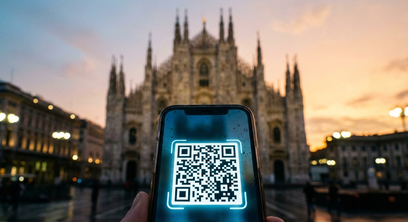 סריקת קוד QR להפעלת חבילת גלישה eSIM עם הדואומו במילאנו ברקע.