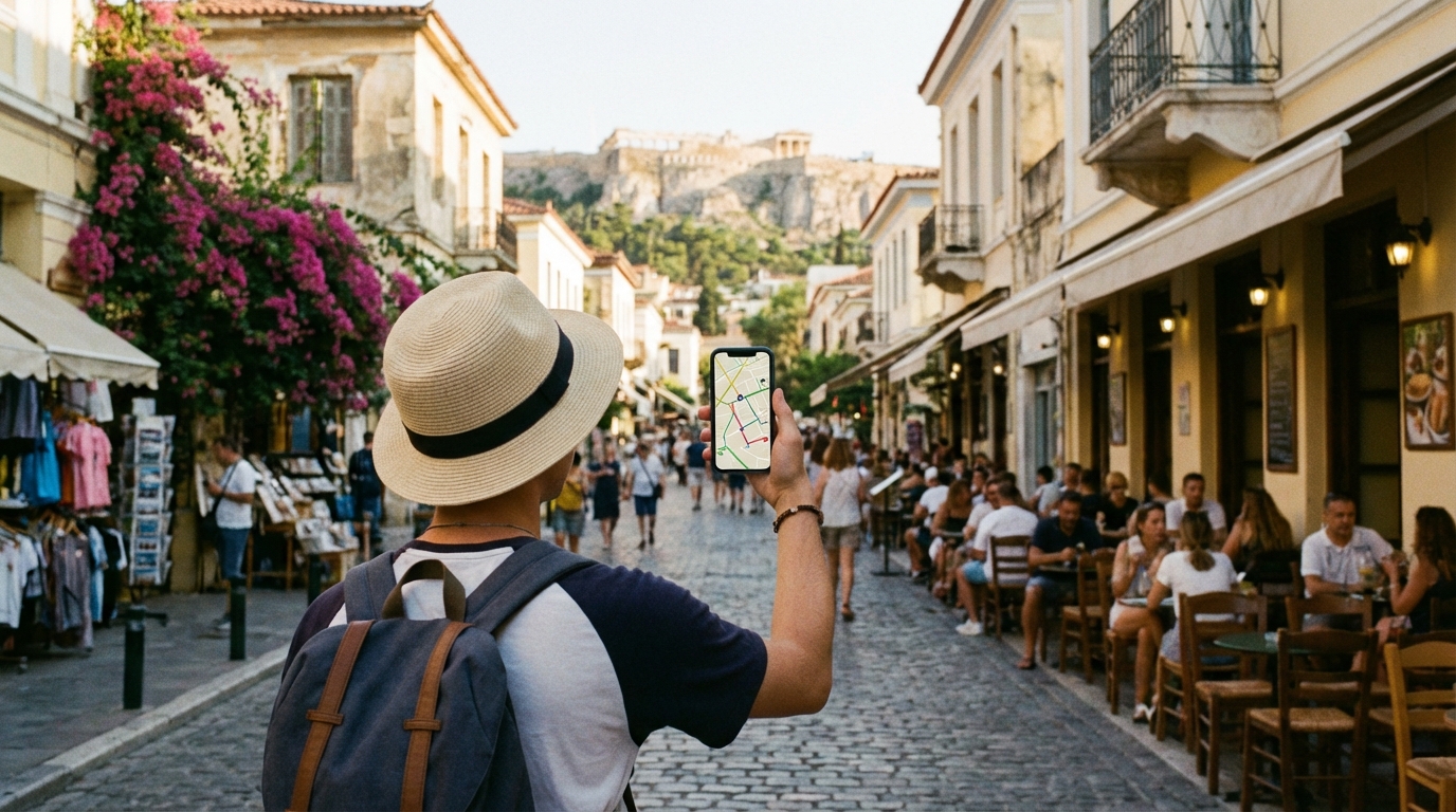 תייר מנווט בסמטאות אתונה באמצעות טלפון נייד, המדגים את השימושיות של eSIM לגלישה