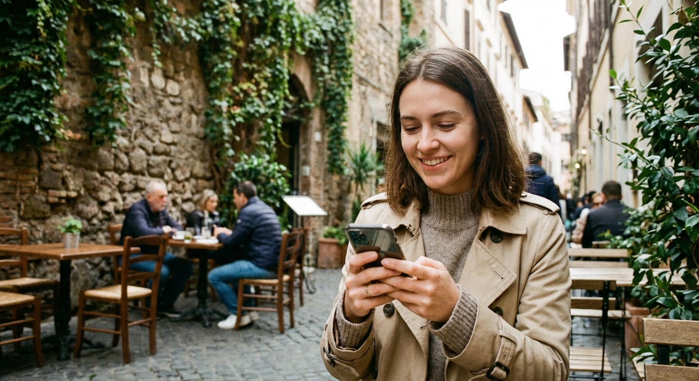 תיירת ישראלית משתמשת באינטרנט סלולרי עם eSIM בבית קפה ברומא.