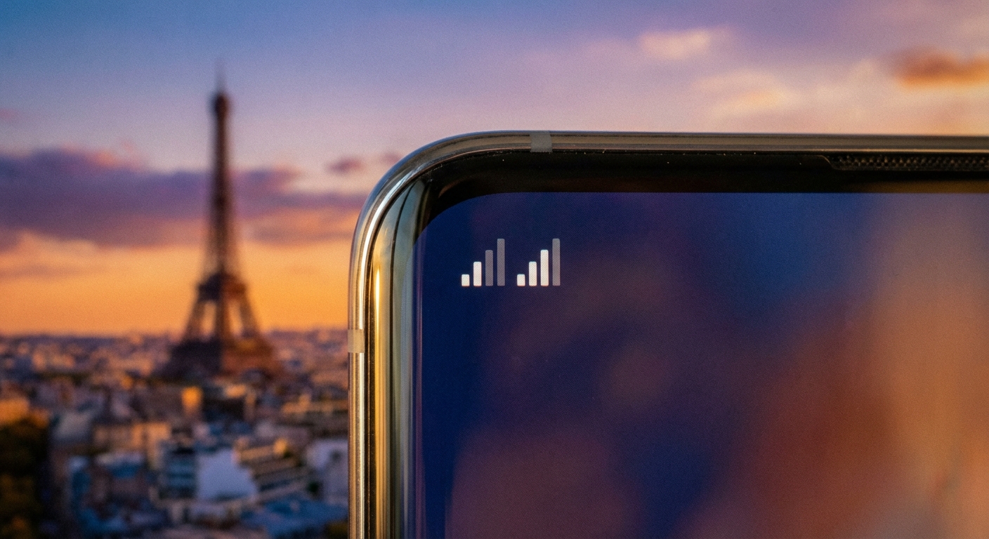 טלפון חכם המציג שני קווי סלולר פעילים (eSIM וסים רגיל) על רקע נוף בחו