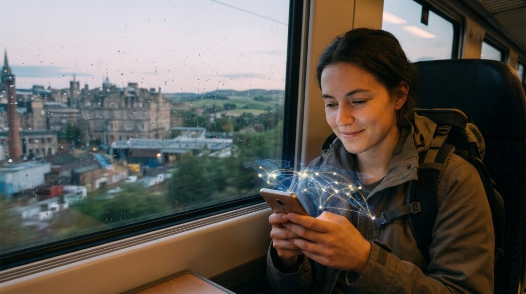 אישה צעירה נוסעת ברכבת באירופה ומשתמשת ב-eSIM לגלישה רציפה בין מדינות