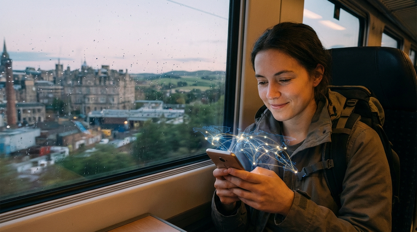 אישה צעירה נוסעת ברכבת באירופה ומשתמשת ב-eSIM לגלישה רציפה בין מדינות
