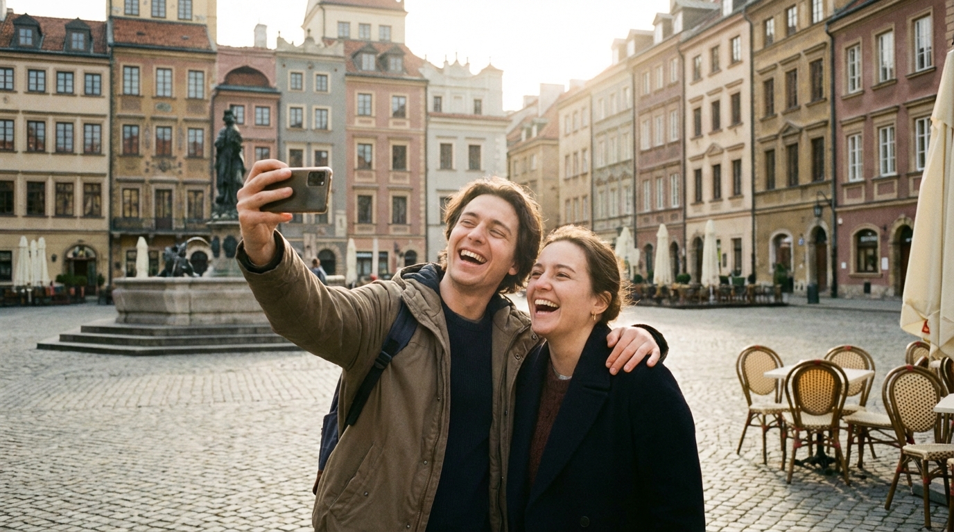 זוג חברים מצלם סלפי בכיכר אירופאית, מחוברים לאינטרנט עם eSIM.