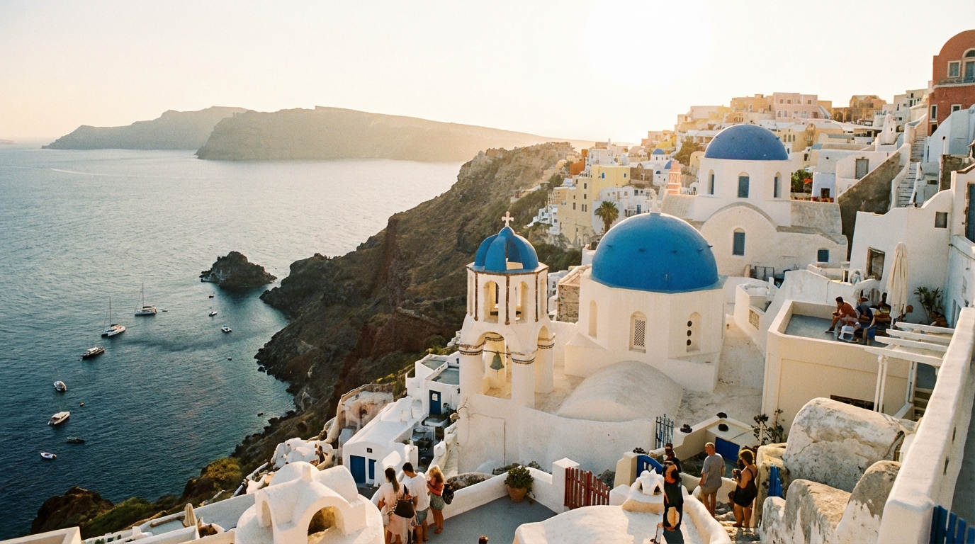 נוף של אי יווני עם בתים לבנים וכיפות כחולות, המסמל את הצורך ב-eSIM לחופשה ביוון