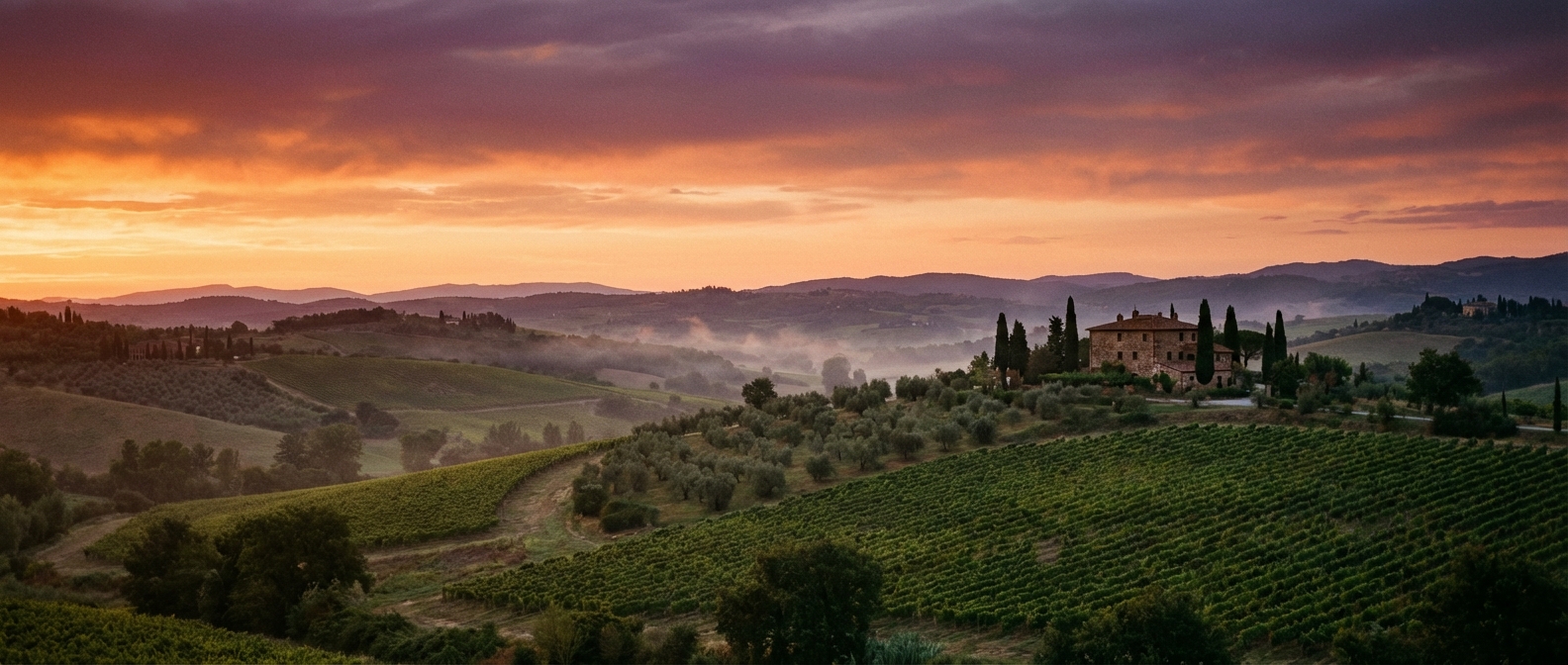 גלישה סלולרית באיטליה עם eSIM על רקע נוף של טוסקנה בשקיעה.