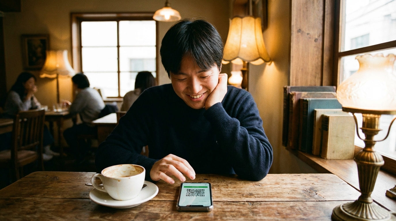 סמארטפון על שולחן קפה המציג קוד QR להפעלת eSIM