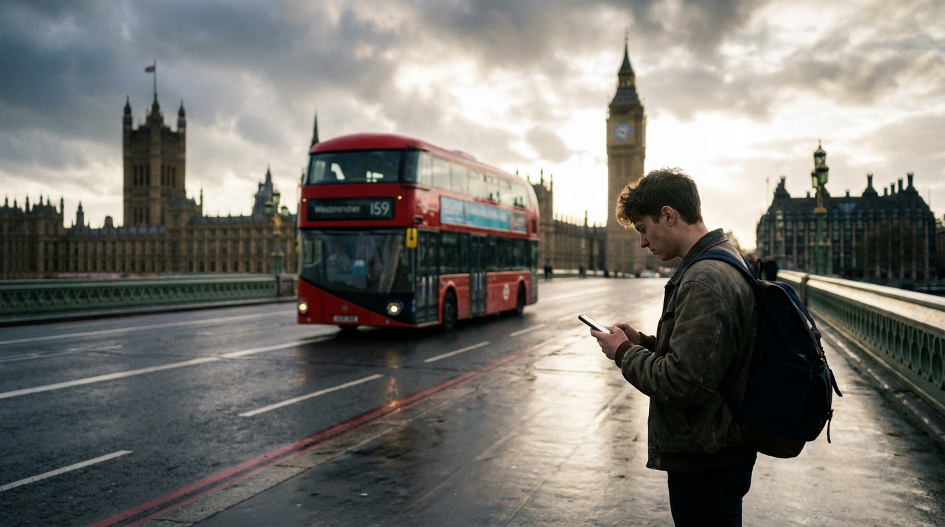 תייר משתמש ב-eSIM לניווט בלונדון עם גשר ווסטמינסטר והביג בן ברקע