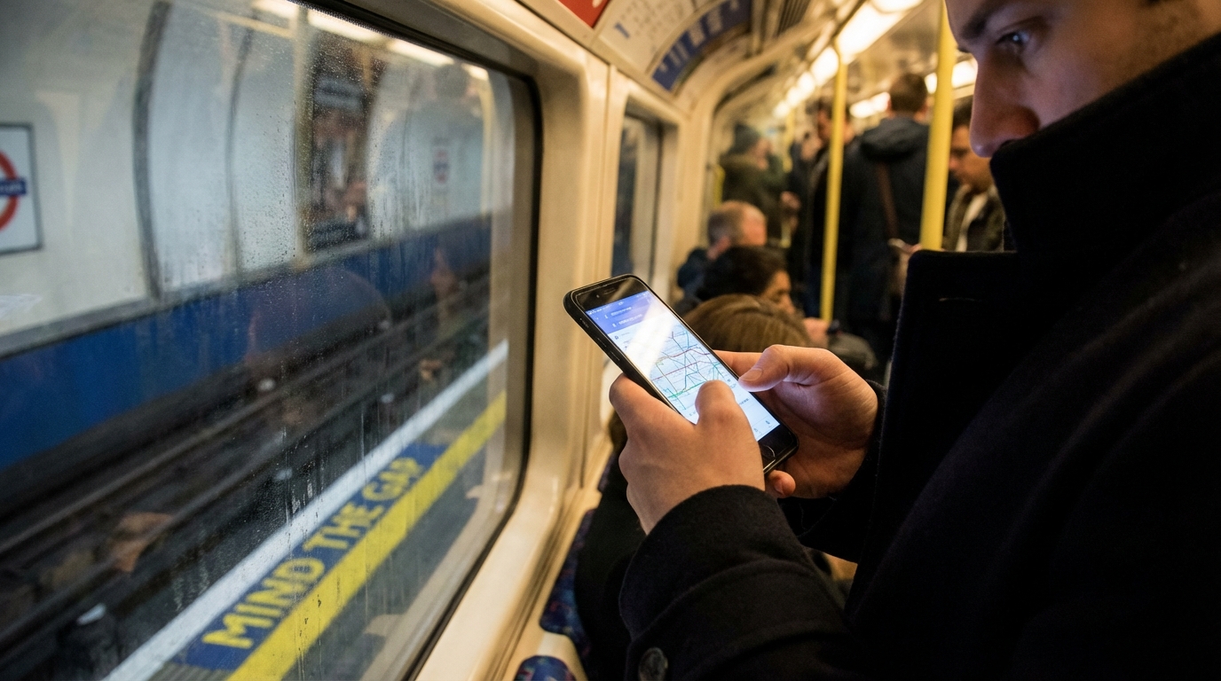 אדם מנווט ברכבת התחתית של לונדון באמצעות הטלפון הנייד שלו עם חיבור eSIM
