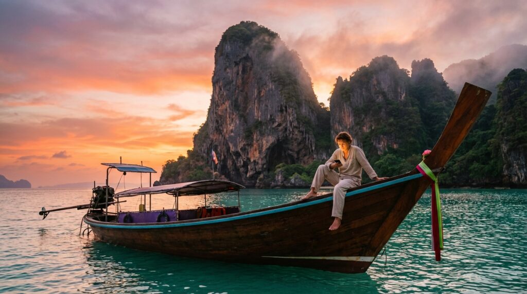 גלישה באינטרנט עם eSIM על סירה בחופי תאילנד