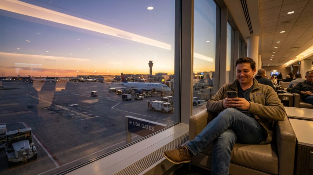 מטייל בנמל תעופה משתמש בסמארטפון עם eSIM לארה"ב