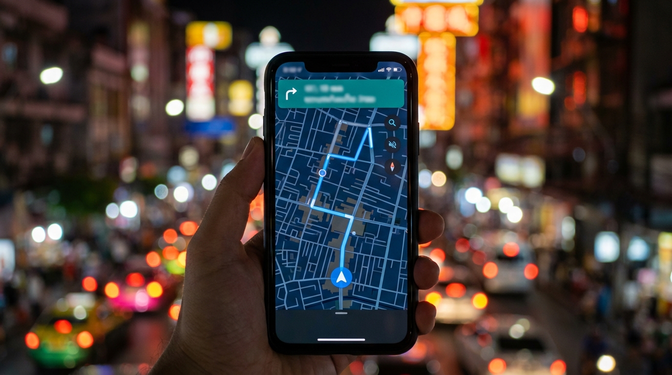 שימוש בטלפון לניווט ברחובות בנגקוק בלילה בזכות חיבור אינטרנט יציב מ-eSIM