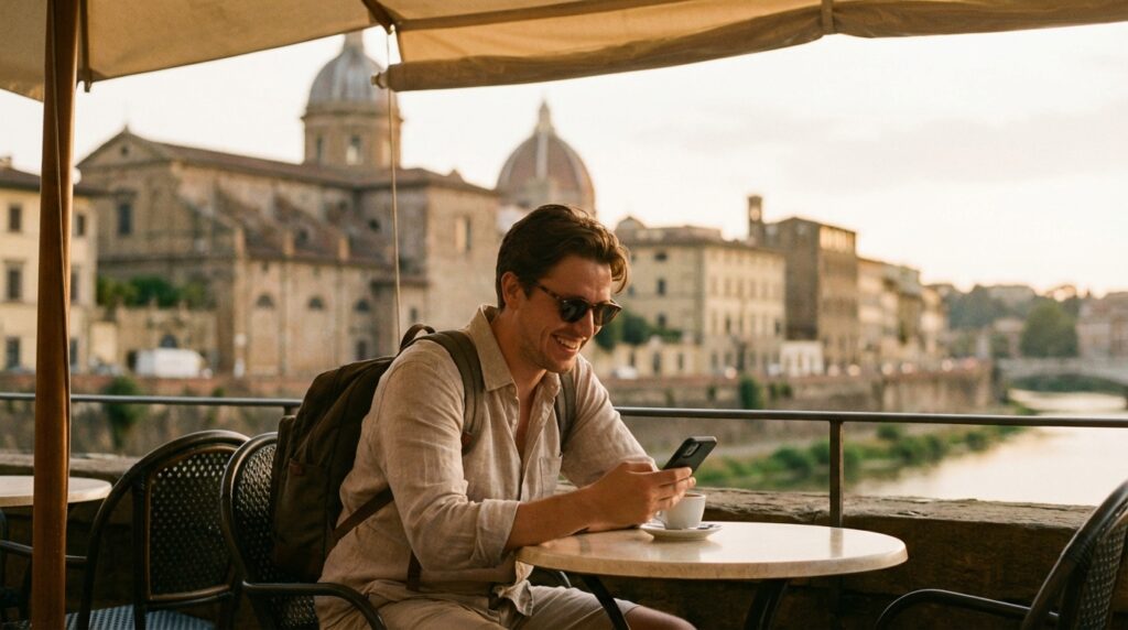 אישה משתמשת בטלפון בחו"ל עם חבילת גלישה eSIM של nRed, אלטרנטיבה לפרטנר