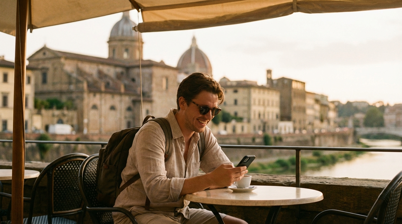 אישה משתמשת בטלפון בחו"ל עם חבילת גלישה eSIM של nRed, אלטרנטיבה לפרטנר