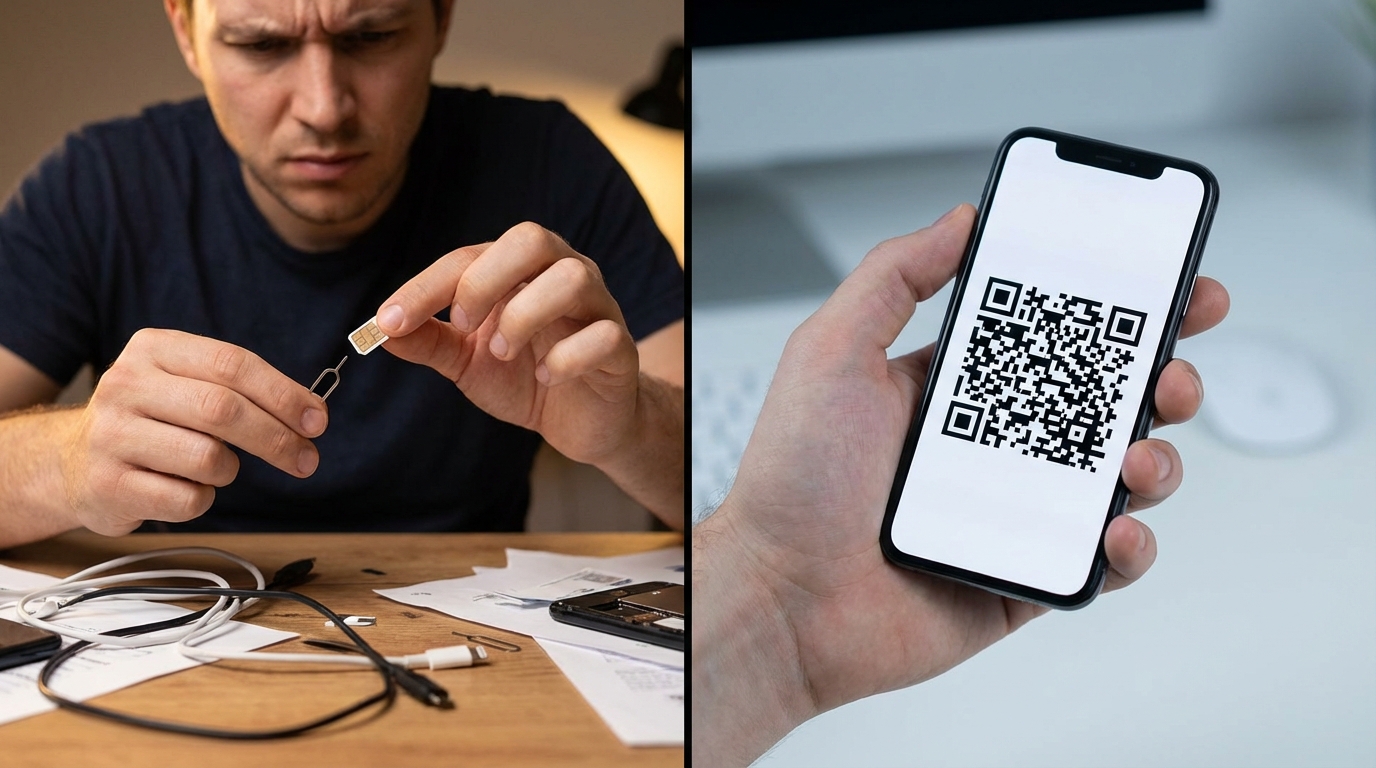 השוואה ויזואלית בין התעסקות עם סים פיזי קטן לבין סריקת קוד QR פשוטה להתקנת eSIM.